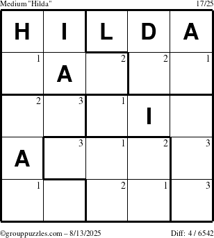The grouppuzzles.com Medium Hilda puzzle for Wednesday August 13, 2025 with the first 3 steps marked
