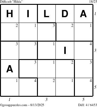 The grouppuzzles.com Difficult Hilda puzzle for Wednesday August 13, 2025 with all 4 steps marked