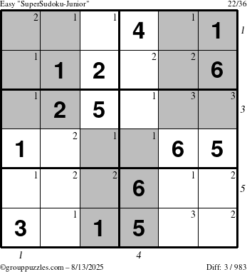 The grouppuzzles.com Easy SuperSudoku-Junior puzzle for Wednesday August 13, 2025 with all 3 steps marked