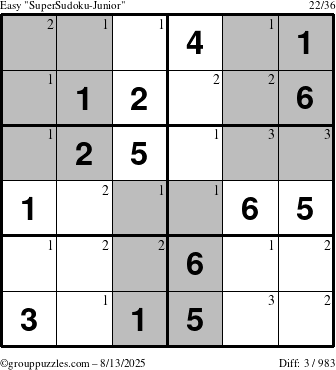 The grouppuzzles.com Easy SuperSudoku-Junior puzzle for Wednesday August 13, 2025 with the first 3 steps marked