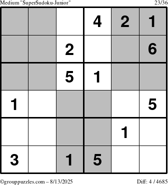 The grouppuzzles.com Medium SuperSudoku-Junior puzzle for Wednesday August 13, 2025