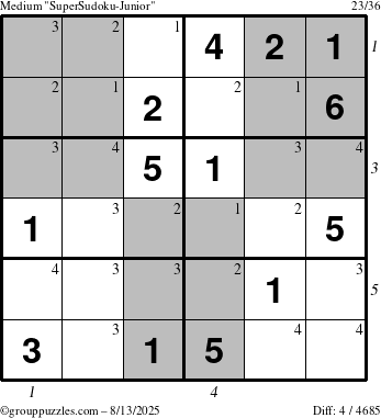 The grouppuzzles.com Medium SuperSudoku-Junior puzzle for Wednesday August 13, 2025 with all 4 steps marked