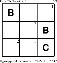 The grouppuzzles.com Easy TicTac-ABC puzzle for Wednesday August 13, 2025 with the first 2 steps marked