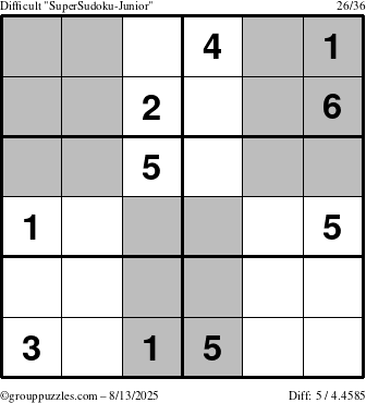 The grouppuzzles.com Difficult SuperSudoku-Junior puzzle for Wednesday August 13, 2025