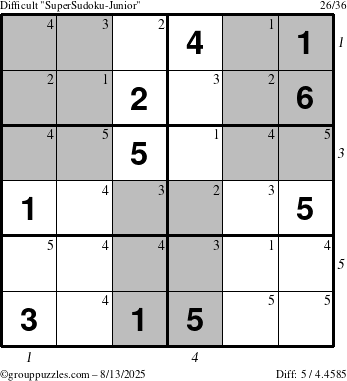 The grouppuzzles.com Difficult SuperSudoku-Junior puzzle for Wednesday August 13, 2025 with all 5 steps marked