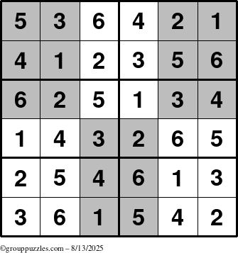 The grouppuzzles.com Answer grid for the SuperSudoku-Junior puzzle for Wednesday August 13, 2025