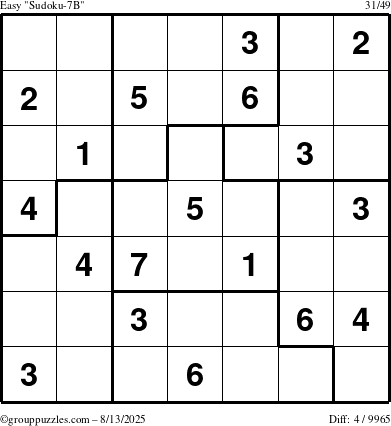The grouppuzzles.com Easy Sudoku-7B puzzle for Wednesday August 13, 2025