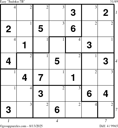 The grouppuzzles.com Easy Sudoku-7B puzzle for Wednesday August 13, 2025 with all 4 steps marked