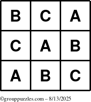 The grouppuzzles.com Answer grid for the TicTac-ABC puzzle for Wednesday August 13, 2025