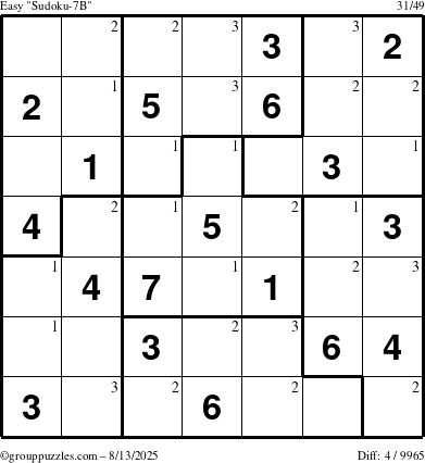 The grouppuzzles.com Easy Sudoku-7B puzzle for Wednesday August 13, 2025 with the first 3 steps marked
