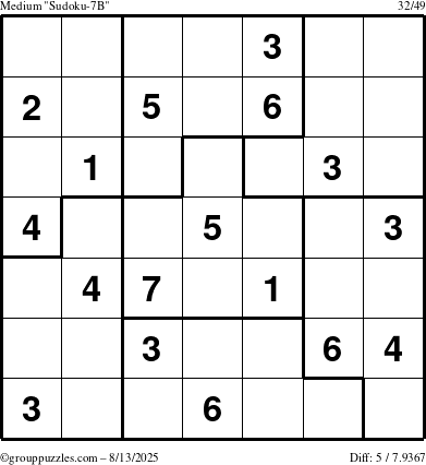 The grouppuzzles.com Medium Sudoku-7B puzzle for Wednesday August 13, 2025