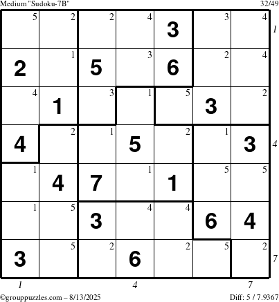 The grouppuzzles.com Medium Sudoku-7B puzzle for Wednesday August 13, 2025 with all 5 steps marked