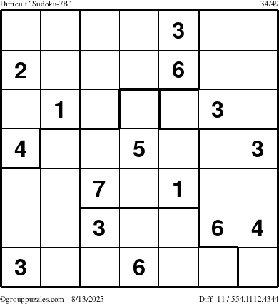 The grouppuzzles.com Difficult Sudoku-7B puzzle for Wednesday August 13, 2025