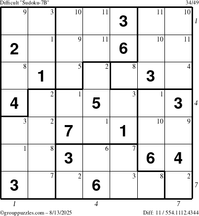 The grouppuzzles.com Difficult Sudoku-7B puzzle for Wednesday August 13, 2025 with all 11 steps marked