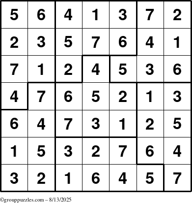 The grouppuzzles.com Answer grid for the Sudoku-7B puzzle for Wednesday August 13, 2025