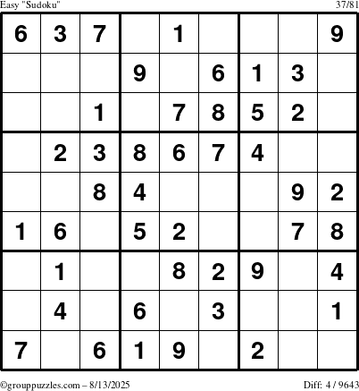 The grouppuzzles.com Easy Sudoku puzzle for Wednesday August 13, 2025