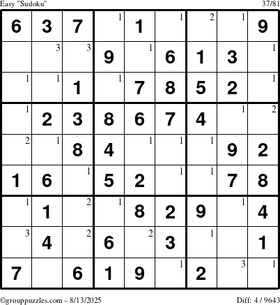 The grouppuzzles.com Easy Sudoku puzzle for Wednesday August 13, 2025 with the first 3 steps marked