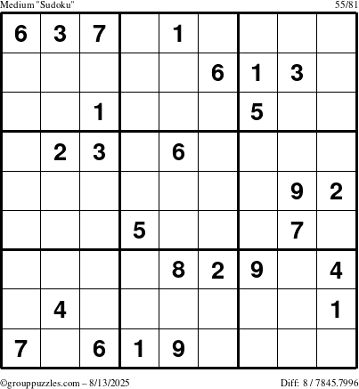 The grouppuzzles.com Medium Sudoku puzzle for Wednesday August 13, 2025