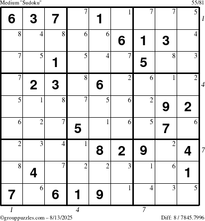 The grouppuzzles.com Medium Sudoku puzzle for Wednesday August 13, 2025 with all 8 steps marked