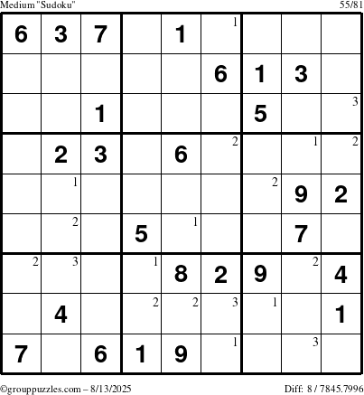 The grouppuzzles.com Medium Sudoku puzzle for Wednesday August 13, 2025 with the first 3 steps marked
