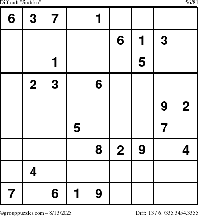 The grouppuzzles.com Difficult Sudoku puzzle for Wednesday August 13, 2025