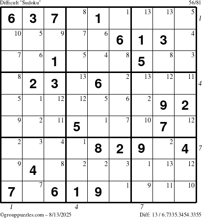 The grouppuzzles.com Difficult Sudoku puzzle for Wednesday August 13, 2025 with all 13 steps marked
