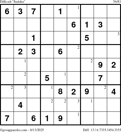 The grouppuzzles.com Difficult Sudoku puzzle for Wednesday August 13, 2025 with the first 3 steps marked