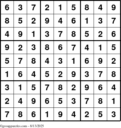 The grouppuzzles.com Answer grid for the Sudoku puzzle for Wednesday August 13, 2025