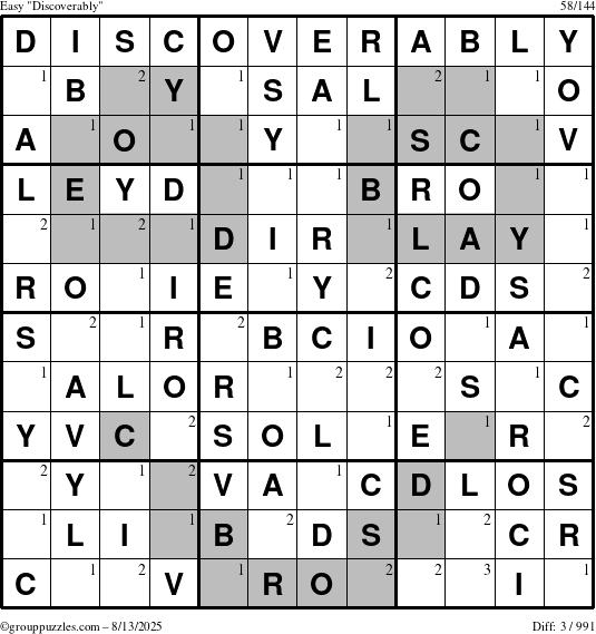 The grouppuzzles.com Easy Discoverably puzzle for Wednesday August 13, 2025 with the first 3 steps marked