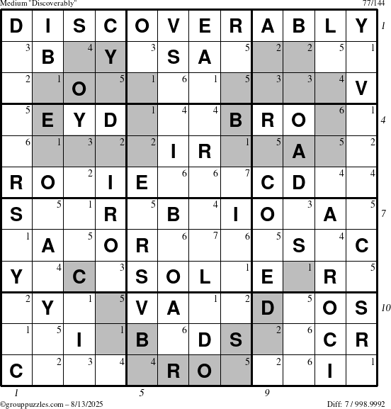 The grouppuzzles.com Medium Discoverably puzzle for Wednesday August 13, 2025 with all 7 steps marked