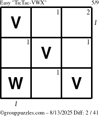The grouppuzzles.com Easy TicTac-VWX puzzle for Wednesday August 13, 2025, suitable for printing, with all 2 steps marked