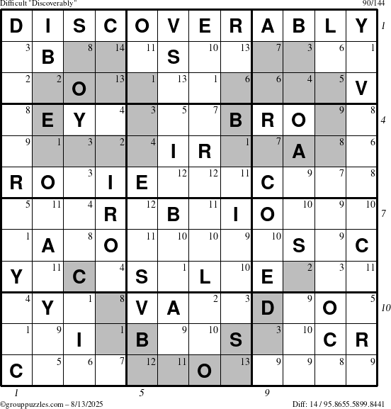 The grouppuzzles.com Difficult Discoverably puzzle for Wednesday August 13, 2025 with all 14 steps marked