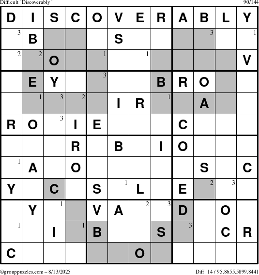 The grouppuzzles.com Difficult Discoverably puzzle for Wednesday August 13, 2025 with the first 3 steps marked