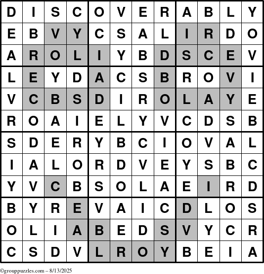The grouppuzzles.com Answer grid for the Discoverably puzzle for Wednesday August 13, 2025