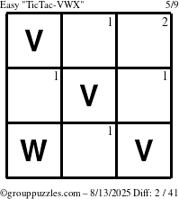 The grouppuzzles.com Easy TicTac-VWX puzzle for Wednesday August 13, 2025 with the first 2 steps marked