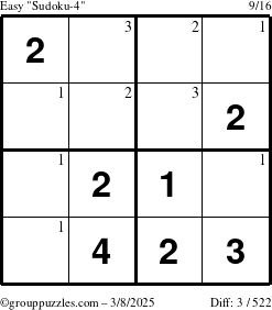 The grouppuzzles.com Easy Sudoku-4 puzzle for Saturday March 8, 2025 with the first 3 steps marked