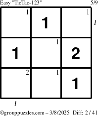 The grouppuzzles.com Easy TicTac-123 puzzle for Saturday March 8, 2025 with all 2 steps marked