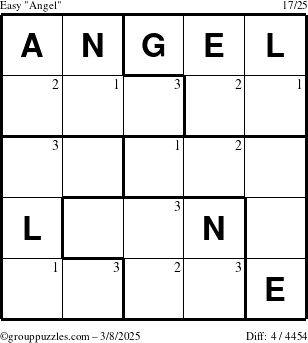 The grouppuzzles.com Easy Angel puzzle for Saturday March 8, 2025 with the first 3 steps marked