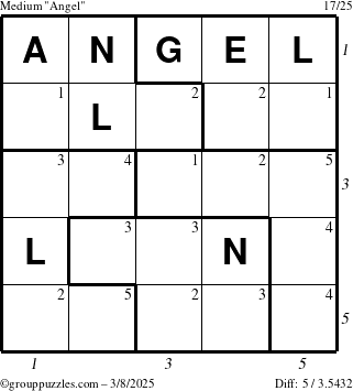 The grouppuzzles.com Medium Angel puzzle for Saturday March 8, 2025 with all 5 steps marked