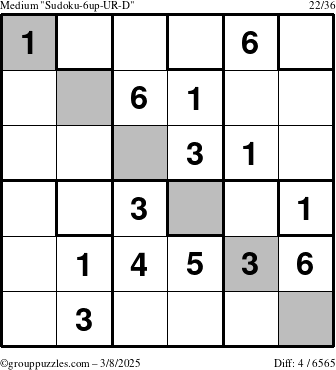 The grouppuzzles.com Medium Sudoku-6up-UR-D puzzle for Saturday March 8, 2025