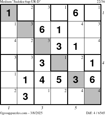 The grouppuzzles.com Medium Sudoku-6up-UR-D puzzle for Saturday March 8, 2025 with all 4 steps marked