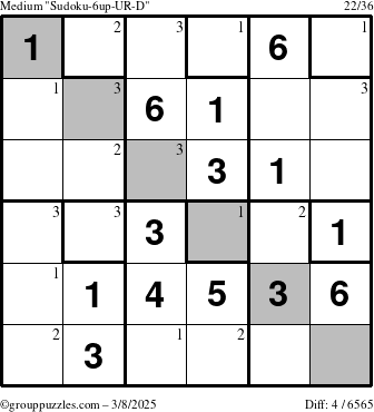 The grouppuzzles.com Medium Sudoku-6up-UR-D puzzle for Saturday March 8, 2025 with the first 3 steps marked