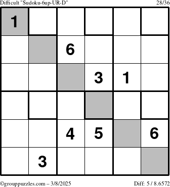 The grouppuzzles.com Difficult Sudoku-6up-UR-D puzzle for Saturday March 8, 2025