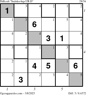 The grouppuzzles.com Difficult Sudoku-6up-UR-D puzzle for Saturday March 8, 2025 with all 5 steps marked