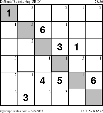 The grouppuzzles.com Difficult Sudoku-6up-UR-D puzzle for Saturday March 8, 2025 with the first 3 steps marked