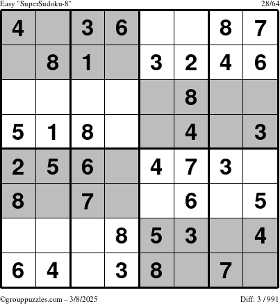 The grouppuzzles.com Easy SuperSudoku-8 puzzle for Saturday March 8, 2025