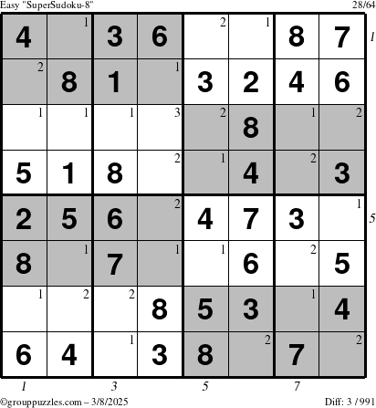 The grouppuzzles.com Easy SuperSudoku-8 puzzle for Saturday March 8, 2025 with all 3 steps marked