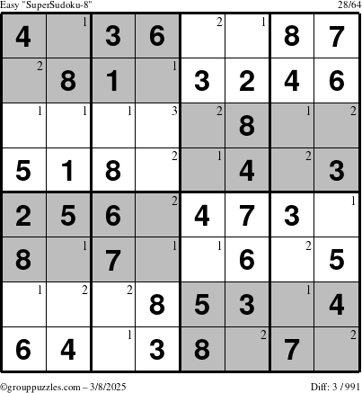 The grouppuzzles.com Easy SuperSudoku-8 puzzle for Saturday March 8, 2025 with the first 3 steps marked