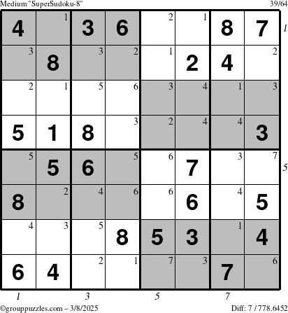 The grouppuzzles.com Medium SuperSudoku-8 puzzle for Saturday March 8, 2025, suitable for printing, with all 7 steps marked