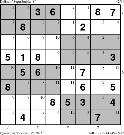 The grouppuzzles.com Difficult SuperSudoku-8 puzzle for Saturday March 8, 2025 with all 12 steps marked